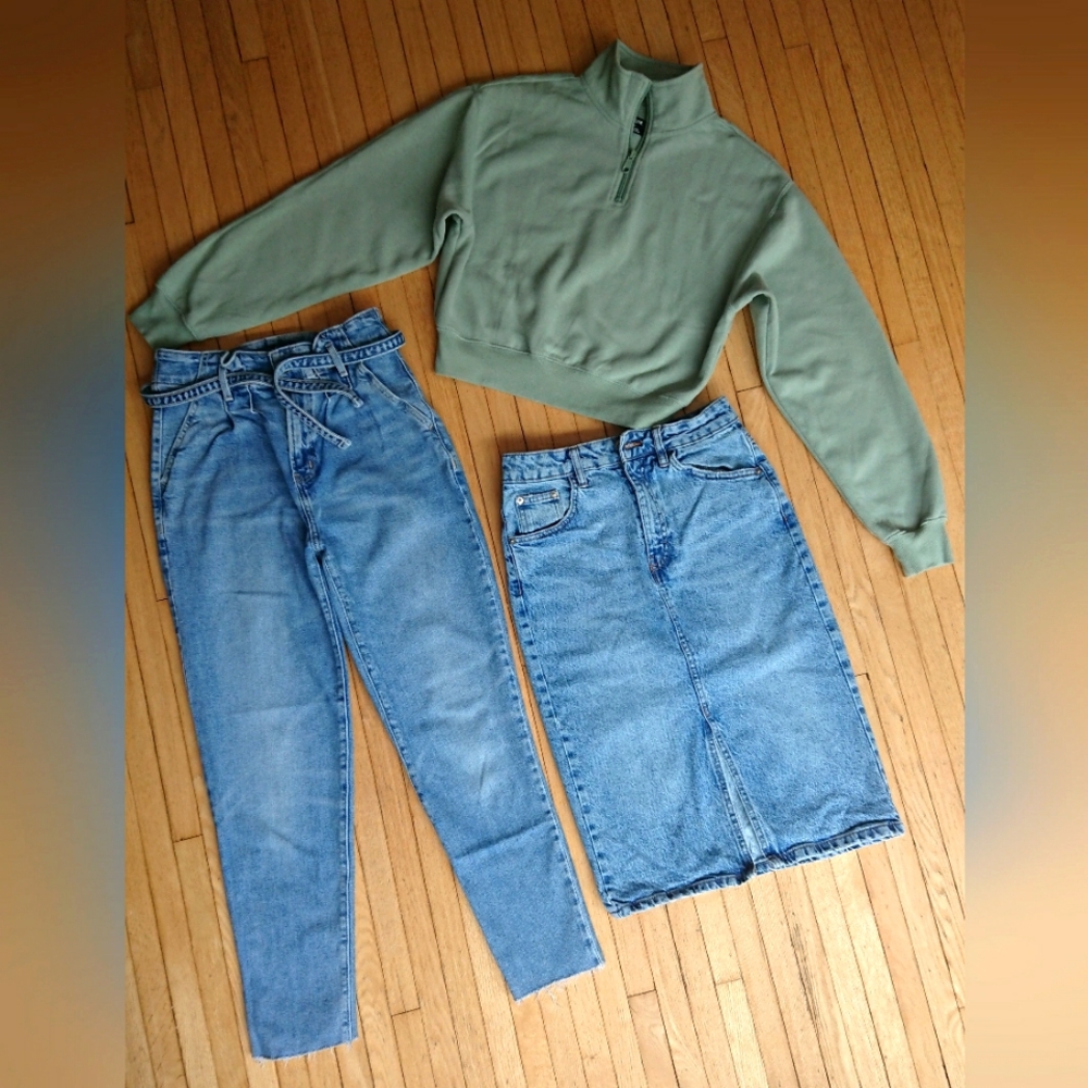 Hollister jeans (bundle of 3) Ardene skirt + sweatshirt, size S